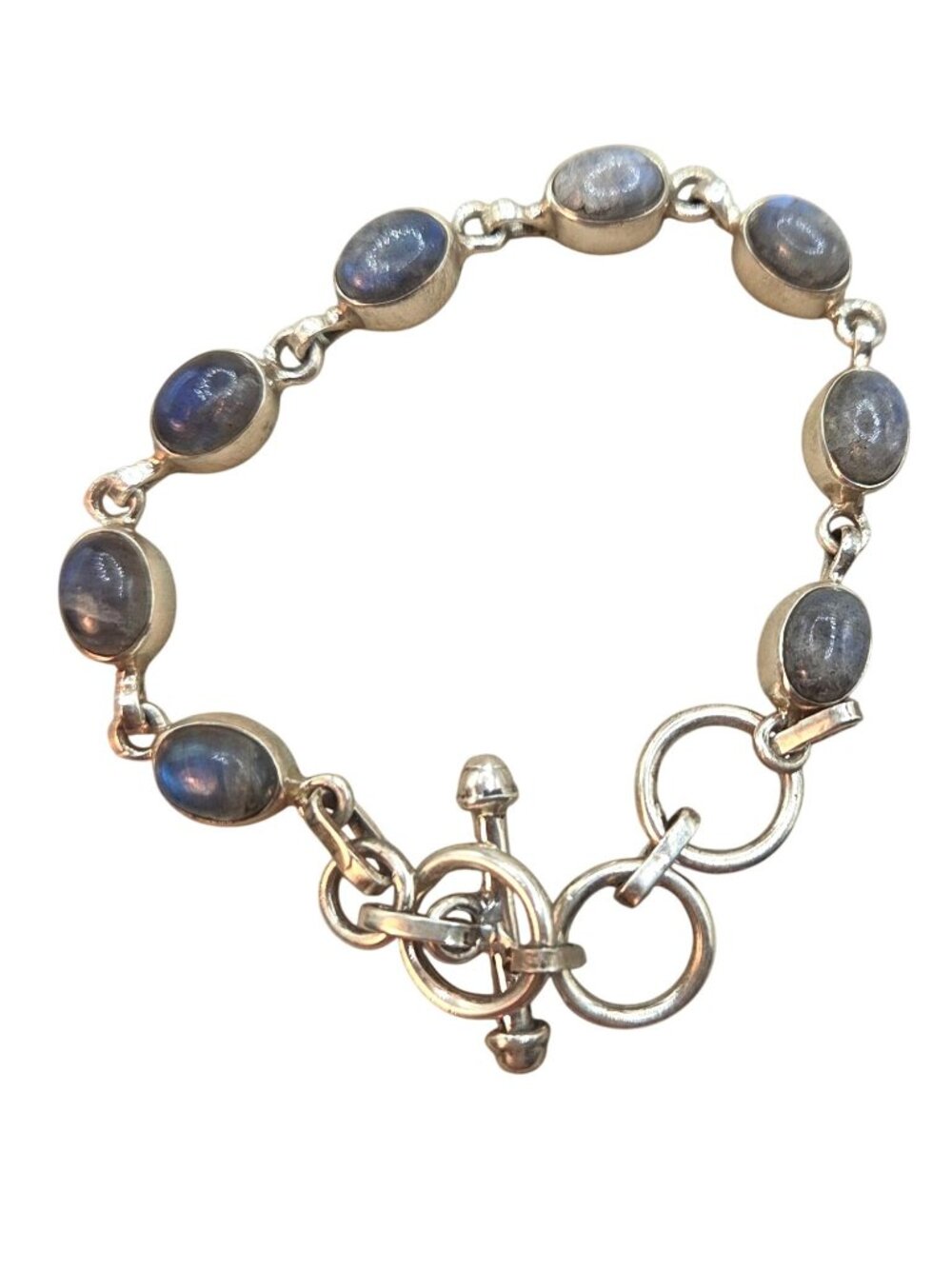 Handcrafted Sterling Silver Bracelet W/ Blue Gemstones Oval Links & Toggle Clasp